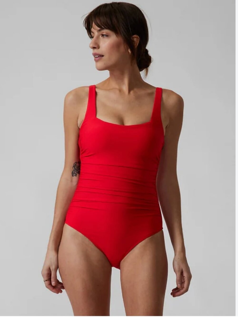Athleta Aqualuxe Wide Strap One Piece Square Neck Ruched Sides Red Swimsuit Med